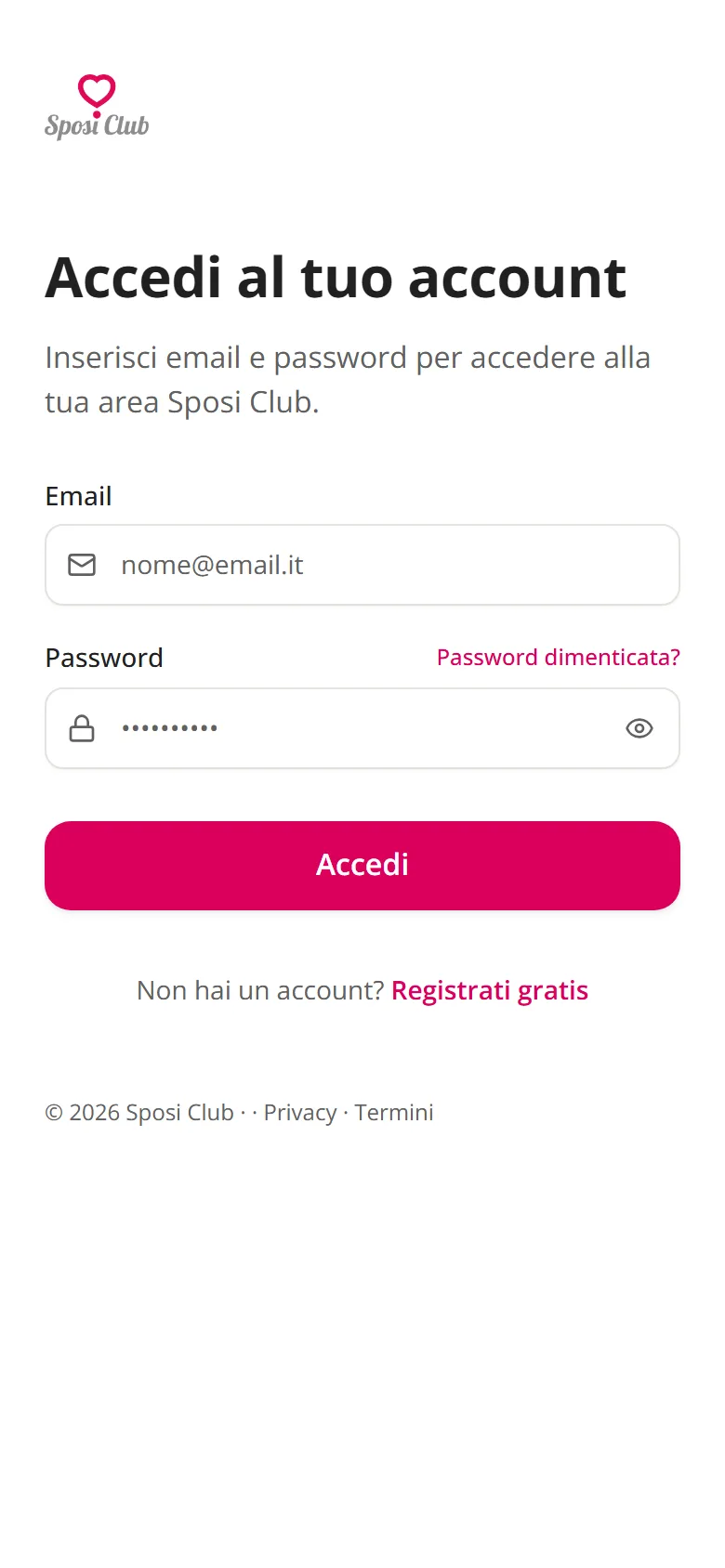 La pagina di accesso con email, password e il link Password dimenticata