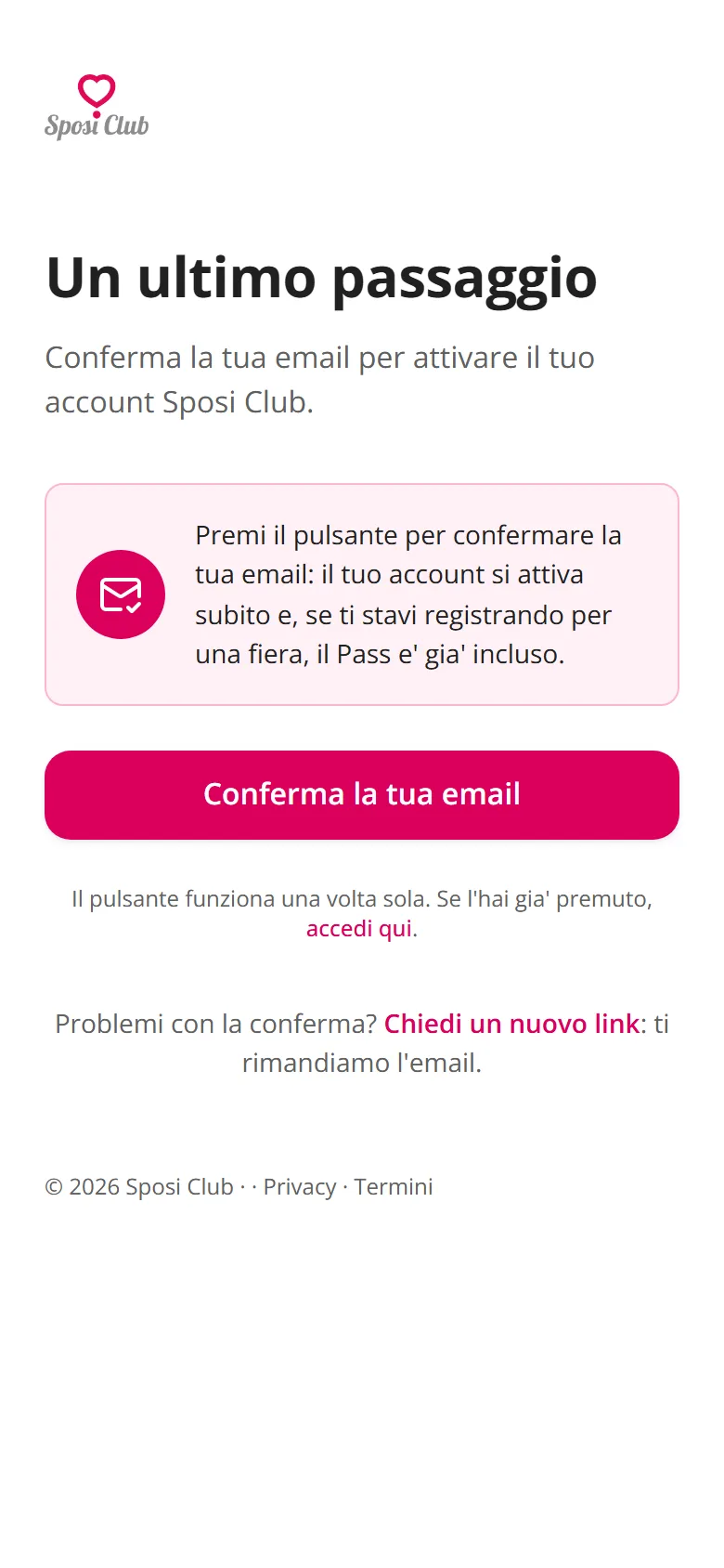 La pagina con il pulsante «Conferma la tua email»