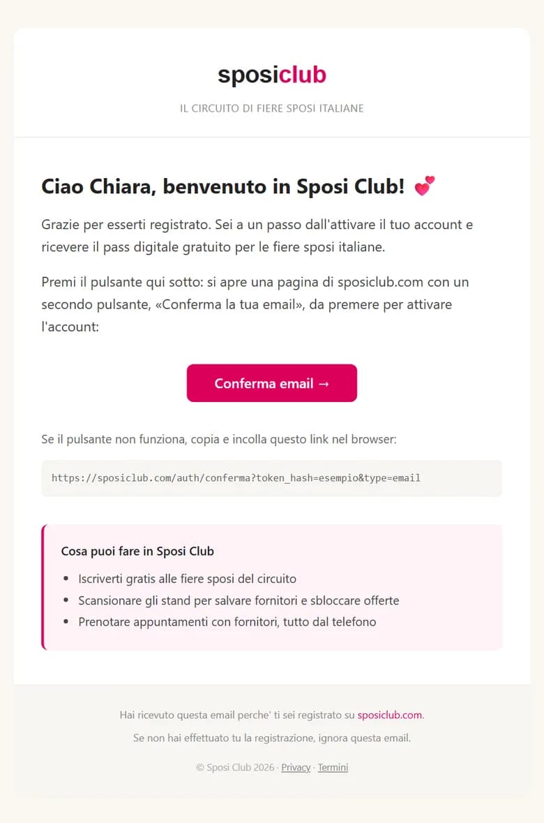 L'email «Conferma la tua iscrizione a Sposi Club» con il pulsante Conferma email