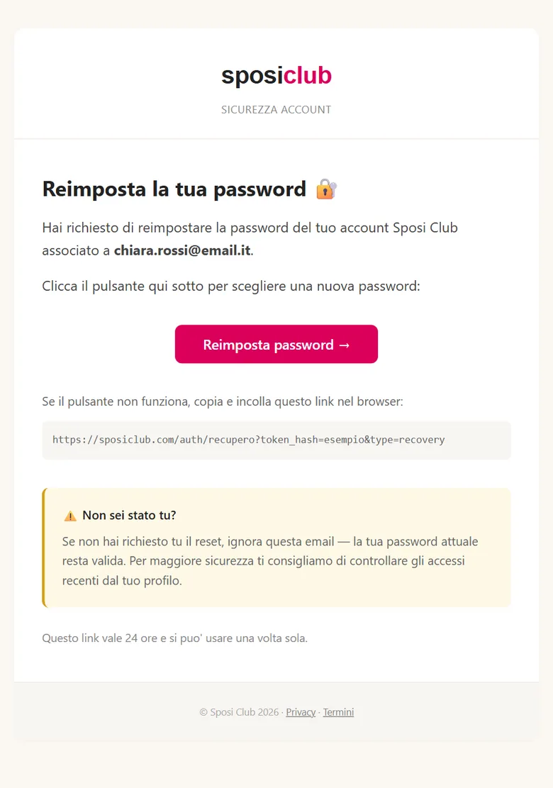 L'email «Reimposta la tua password Sposi Club»