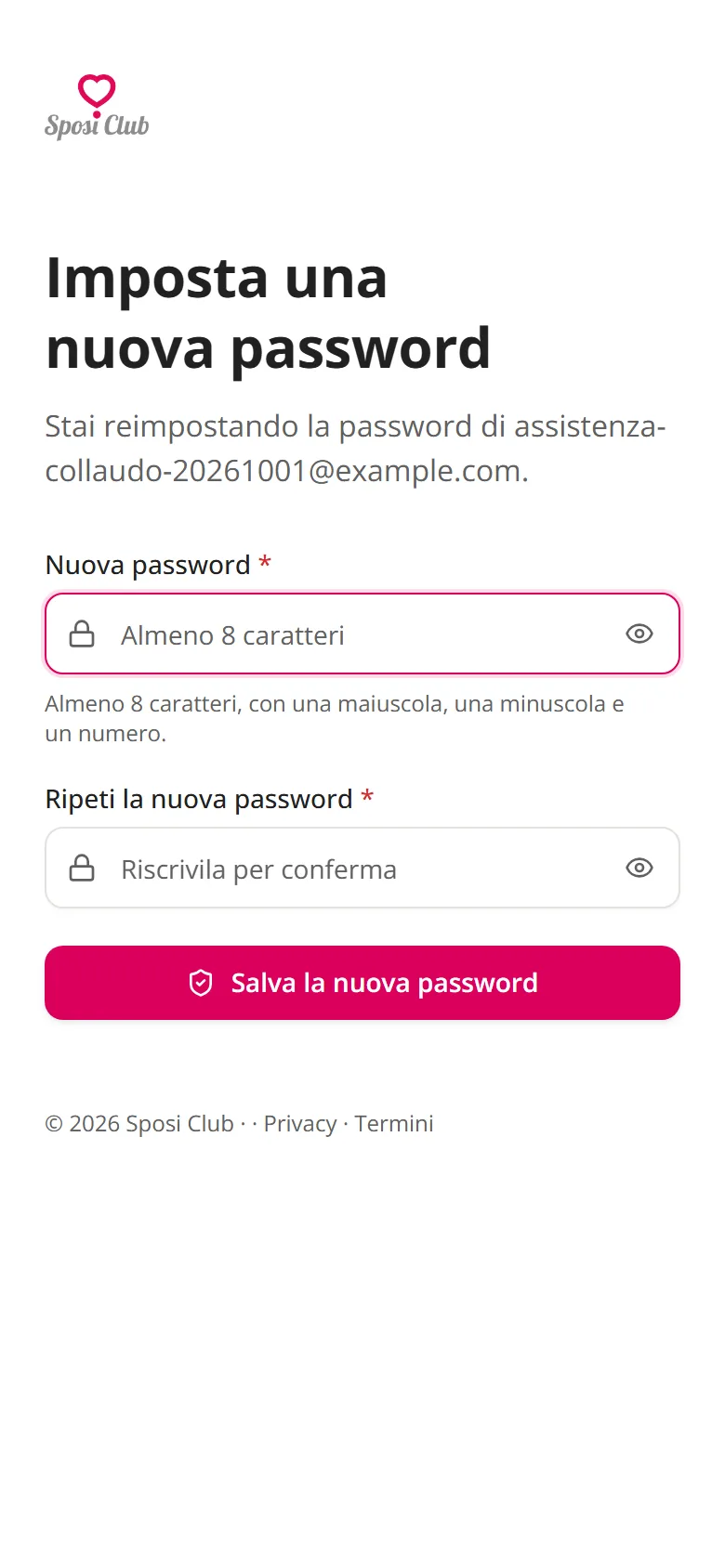 La pagina per scrivere la nuova password