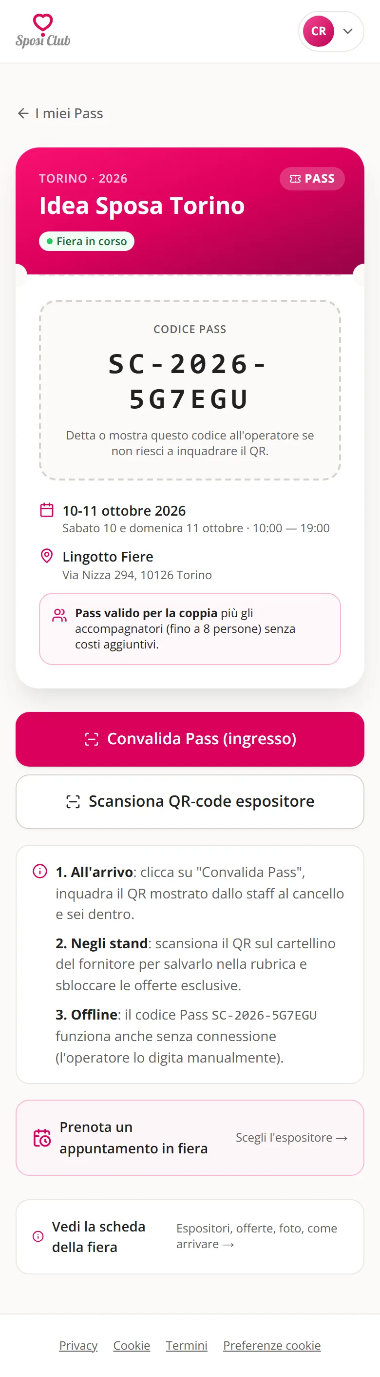 Il Pass di una fiera con il codice e i pulsanti Convalida Pass e Scansiona QR-code espositore