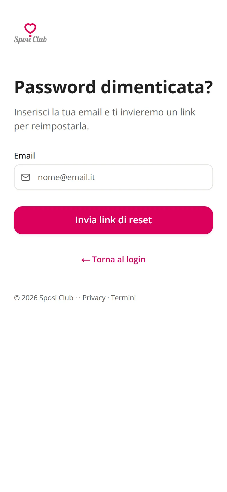 La pagina per chiedere il link di reimpostazione della password