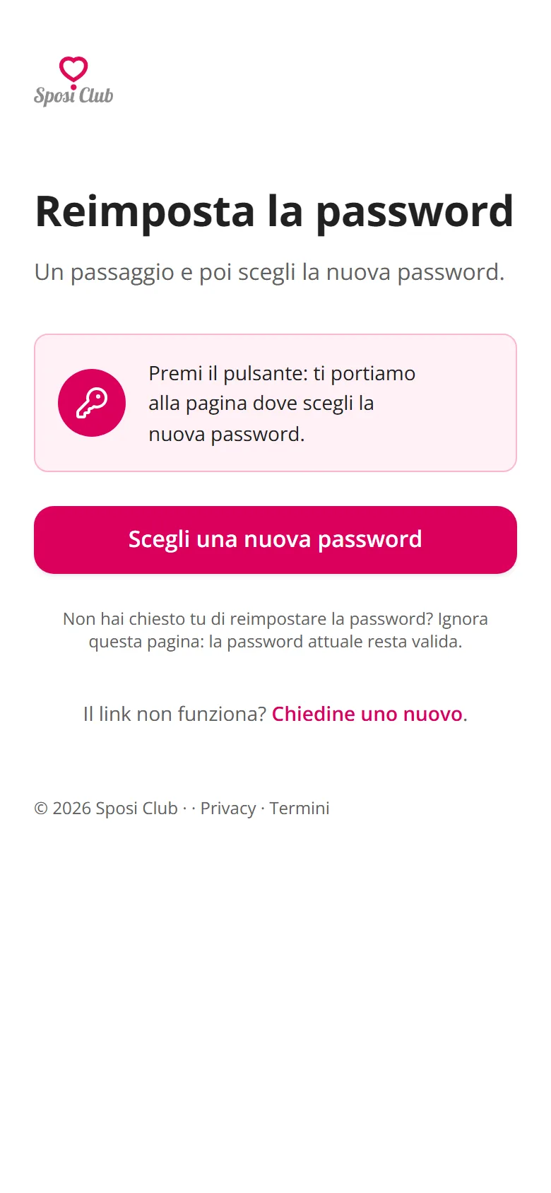 La pagina con il pulsante «Scegli una nuova password»