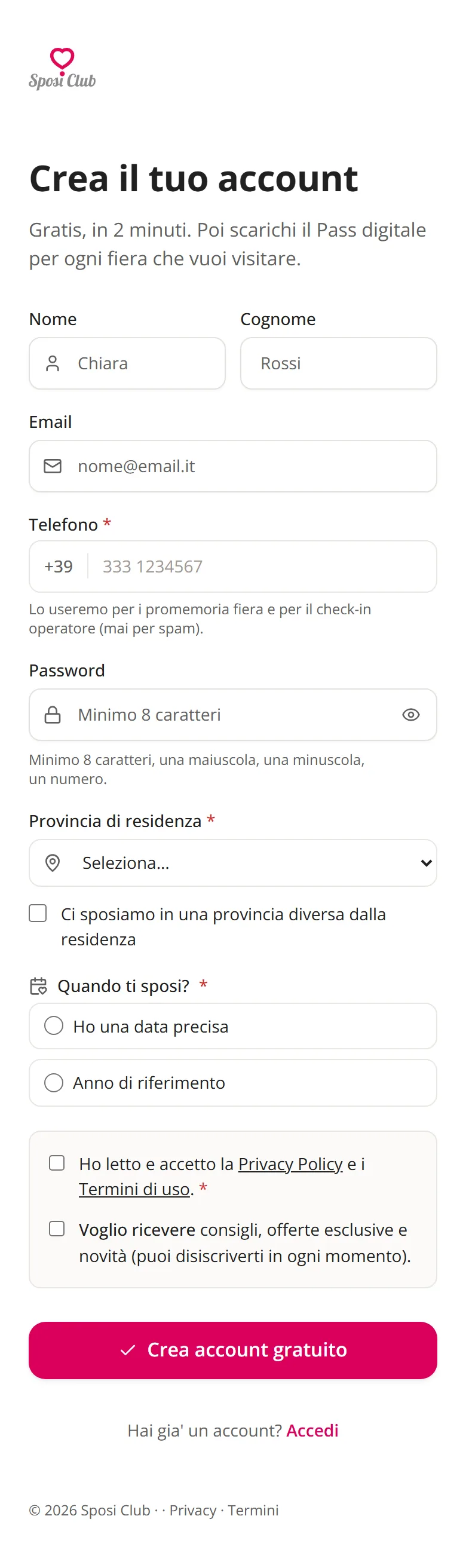 Il modulo di registrazione di Sposi Club